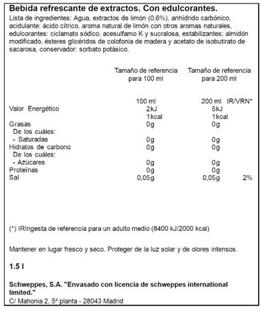 Refresco Lim&oacute;n Zero Schweppes 1,5l