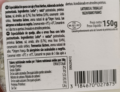 Queso roule con ajo y finas hierbas Rians 150g