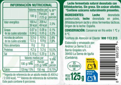 Yogur bifidus 0% natural sin grasa sin az&uacute;car a&ntilde;adido Alipende 125 g
