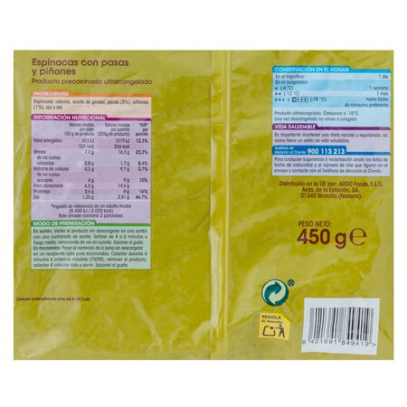 Espinacas Alipende 450g con pasas y piñones