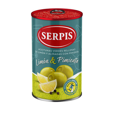 Aceitunas verdes rellenas de lim&oacute;n y ali&ntilde;adas con pimienta Serpis 130g