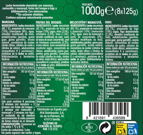 Bífidus Alipende sin azúcar pack 8 fresa piña f bosque higo