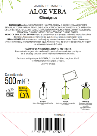 Jab&oacute;n de manos doypack Bodyplus 500ml aloe vera