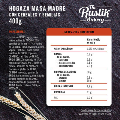 Hogaza pan The Rustik Bakery cereales masa madre 400g