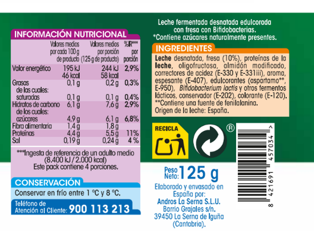 Bífidus Alipende sin azúcar añadido pack 4 fresas