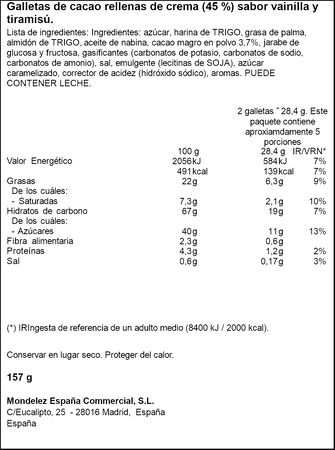 Galletas rellenas de tiramisú y vainilla Remix Oreo 157g