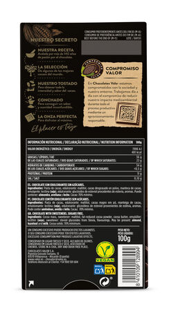Chocolate negro 70% cacao sin az&uacute;car a&ntilde;adido Valor 100g