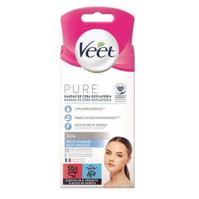 Banda de cera depilatoria facial pure Veet 20 uds pieles sensibles