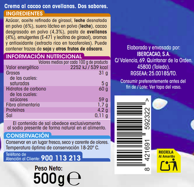 Crema de cacao y avellana d&uacute;o Alipende 500g