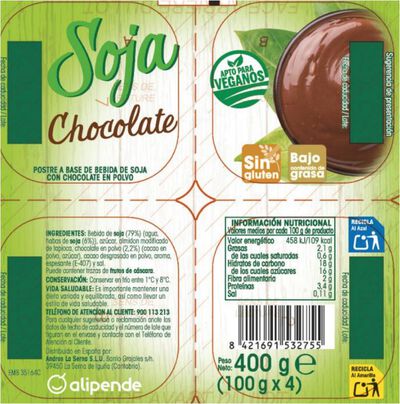 Postre a base de soja Alipende pack 4 chocolate