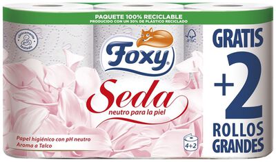 Papel higiénico Foxy 4+2 rollos seda con pH neutro para la piel y aroma a talco