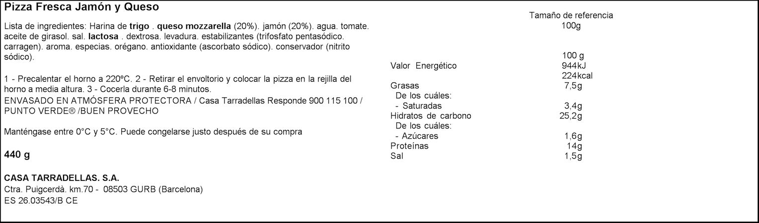 Pizza Casa Tarradellas pack 2 jamon y queso
