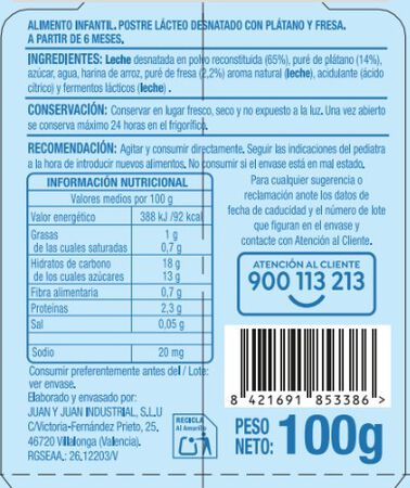 Postre l&aacute;cteo desnatado Alipende 100gr Fresa y pl&aacute;tano