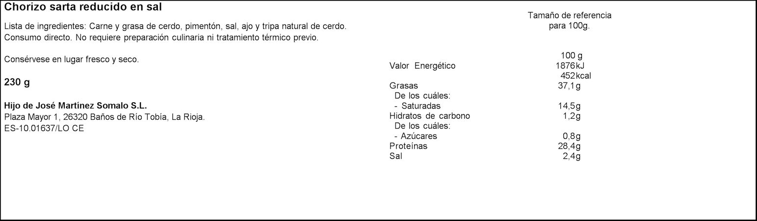 Chorizo sarta reducido en sal Martínez Somalo pieza 230g