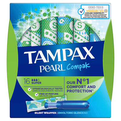 Tamp&oacute;n con aplicador Tampax Pearl compak 16 uds super