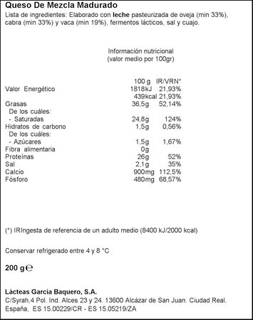 Queso reserva ya cortado Garc&iacute;a Baquero 200g