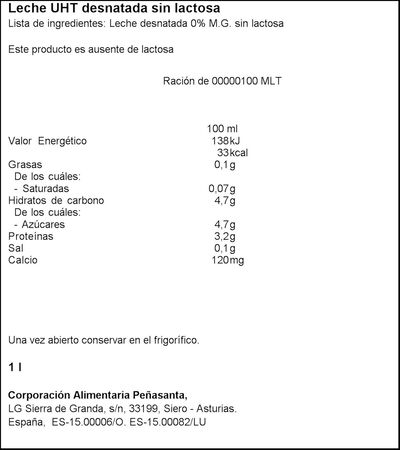 Leche sin lactosa 0,0% MG Asturiana 1l desnatada