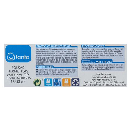 Bolsas herméticas Lanta 20 uds con cierre zip medianas
