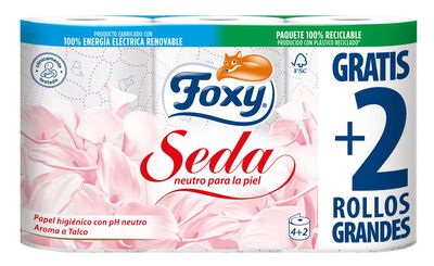 Papel higi&eacute;nico Foxy 4+2 rollos seda con pH neutro para la piel y aroma a talco