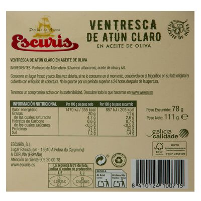 At&uacute;n ventresca en aceite de oliva Escuris 73g