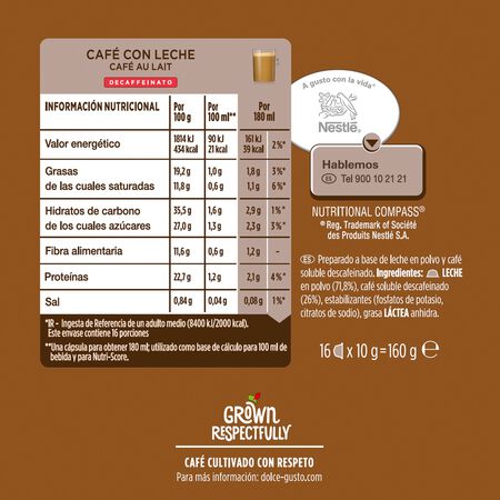 Café descafeinado leche nescafé Dolce Gusto 16 cápsulas