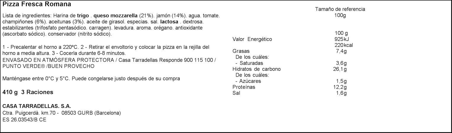 Pizza Casa Tarradellas 415g romana
