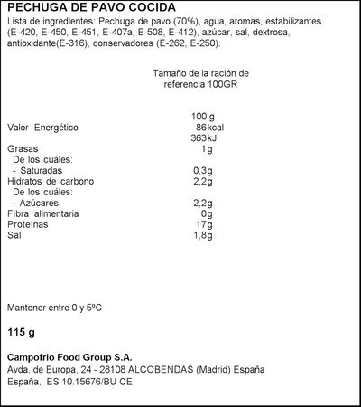 Pechuga de pavo en lonchas finas finissimas Campofrío 115g