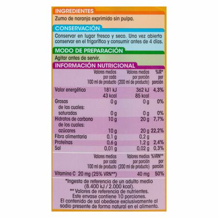 Zumo de naranja sin pulpa 100% exprimido Alipende 2l