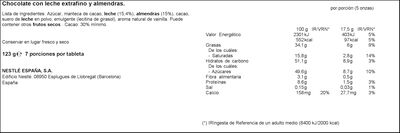 Chocolate con leche Nestl&eacute; 123g con almendras