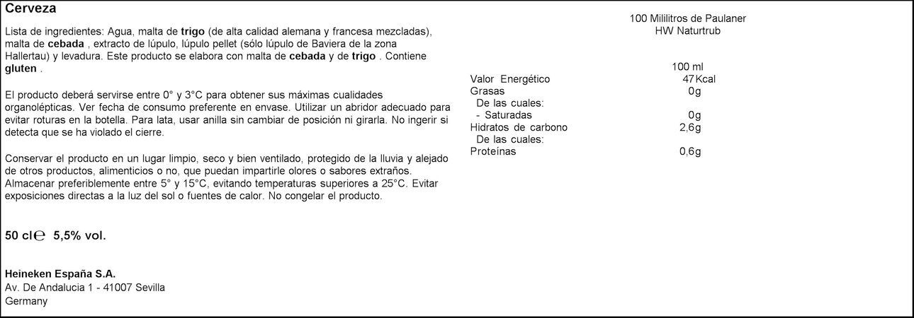 Cerveza de trigo Paulaner botella 33cl