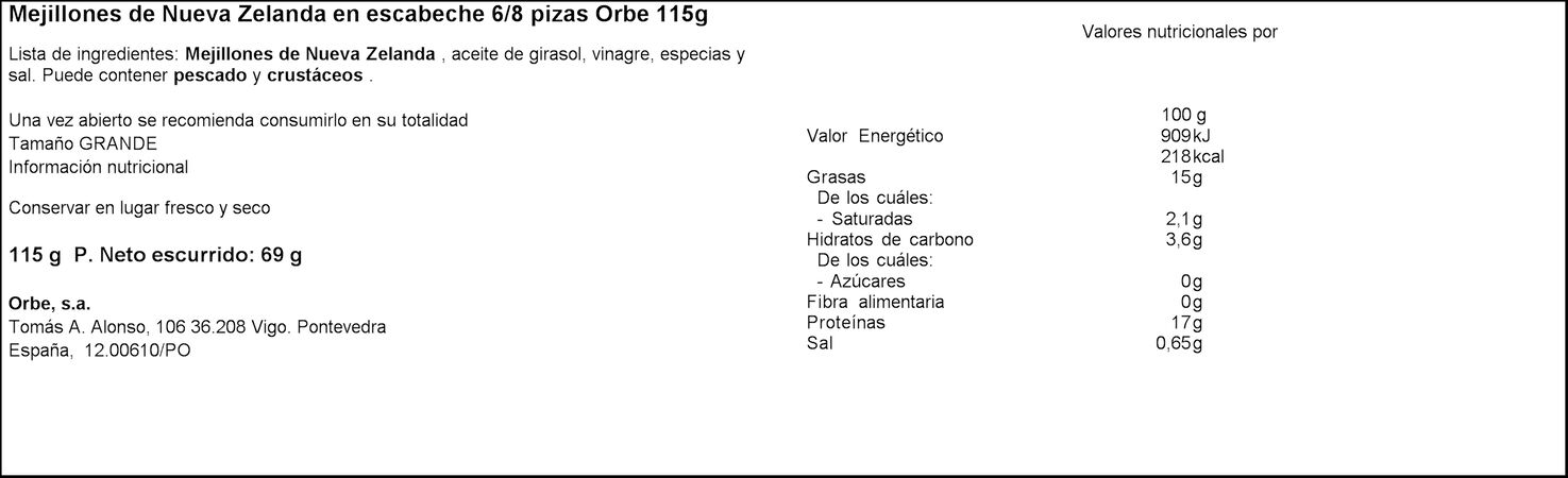 Mejillon en escabeche de Nueva Zelanda Orbe 69g 6/8