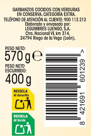 Garbanzo cocido con verdura Alipende 400g