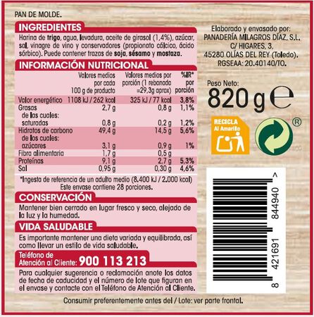 Pan de molde Alipende 820g blanco