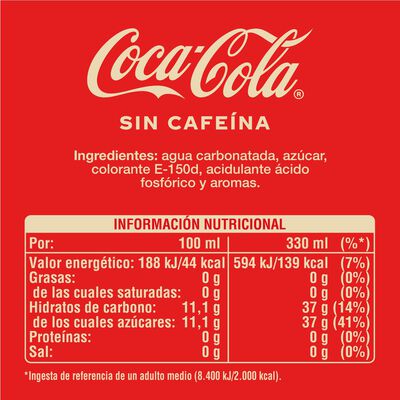Refresco cola Coca-Cola lata 33cl sin cafeína