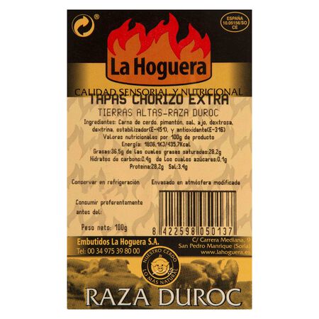 Chorizo calidad extra duroc en lonchas La Hoguera 100g