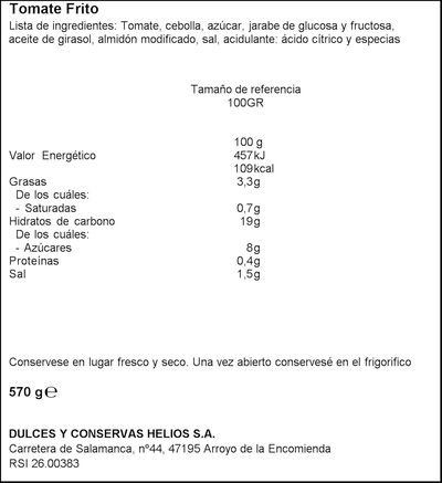 Tomate frito sin gluten Helios tarro de cristal 570g