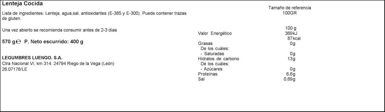 Lenteja pardina cocida Luengo 400g