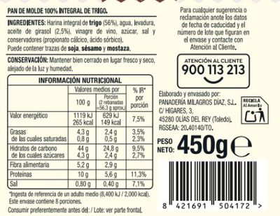 Pan de molde integral sin corteza Alipende 450g