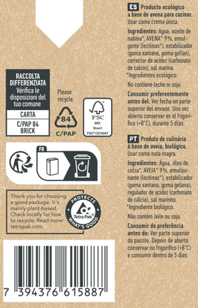 Crema de avena bio para cocinar Oatly 250 ml