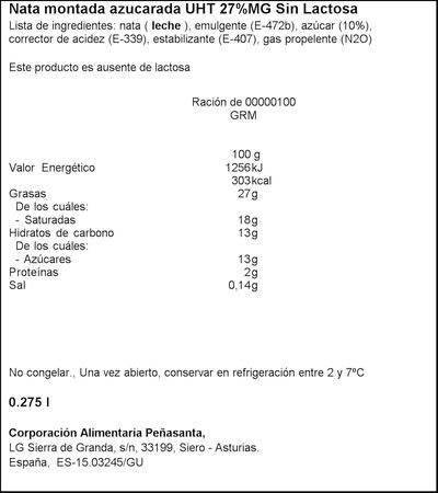 Nata montada azucarada sin lactosa Asturiana spray 250g + 25g