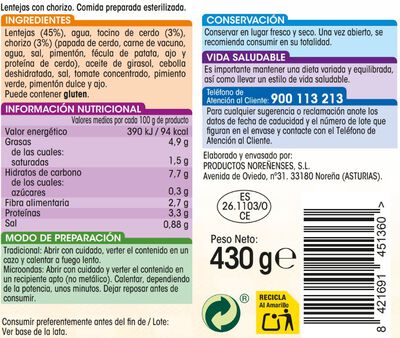 Lentejas Alipende 430g con chorizo