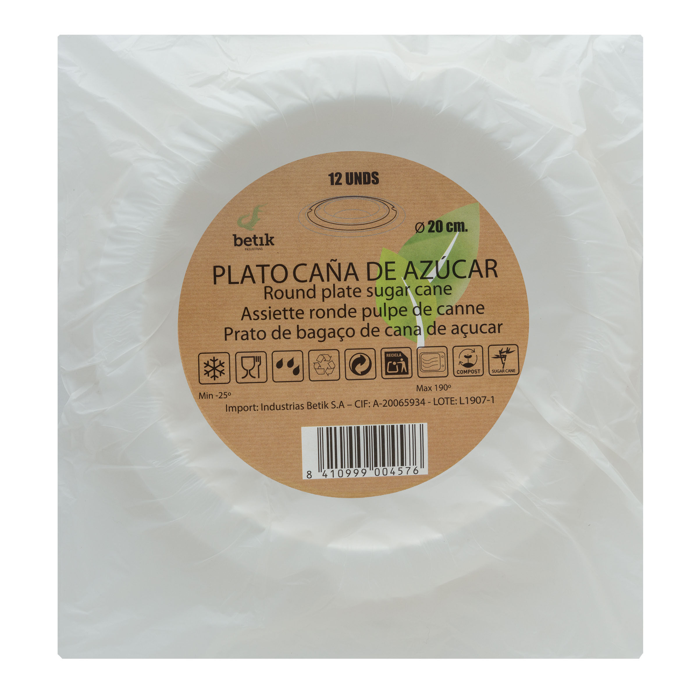 Platos de caña de azúcar Betik 12 uds diámetro 20cm