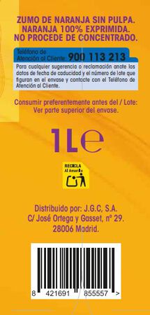Zumo de naranja 100% exprimida sin pulpa Alipende 1L