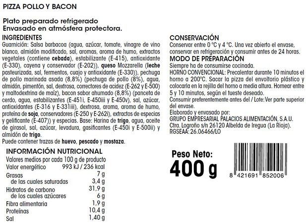 Pizza Alipende 400g pollo y bacon
