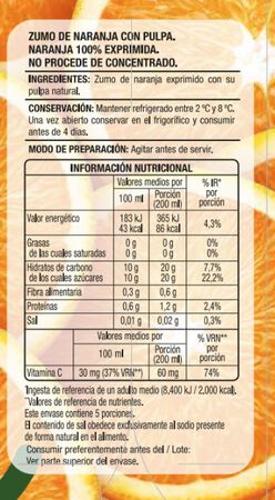 Zumo de naranja 100% exprimida con pulpa Aipende 1L