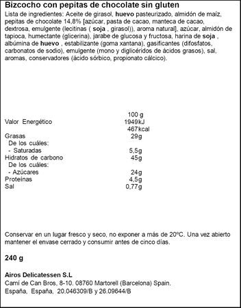 Plum cake Airos con choco chips 240g sin gluten