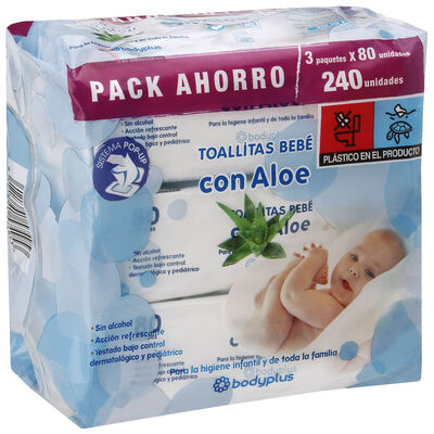 Toallitas beb&eacute; Bodyplus aloe pack 3 80 unidades
