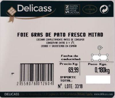 Foie gras pato fresco Delicass 300gr aproximadamente