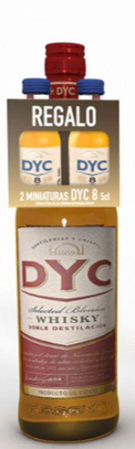 Whisky DYC 1l Doble Destilado origen nacional+ 2 miniaturas DYC 8