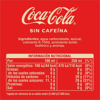 Refresco sin cafe&iacute;na Coca-Cola botella 2l